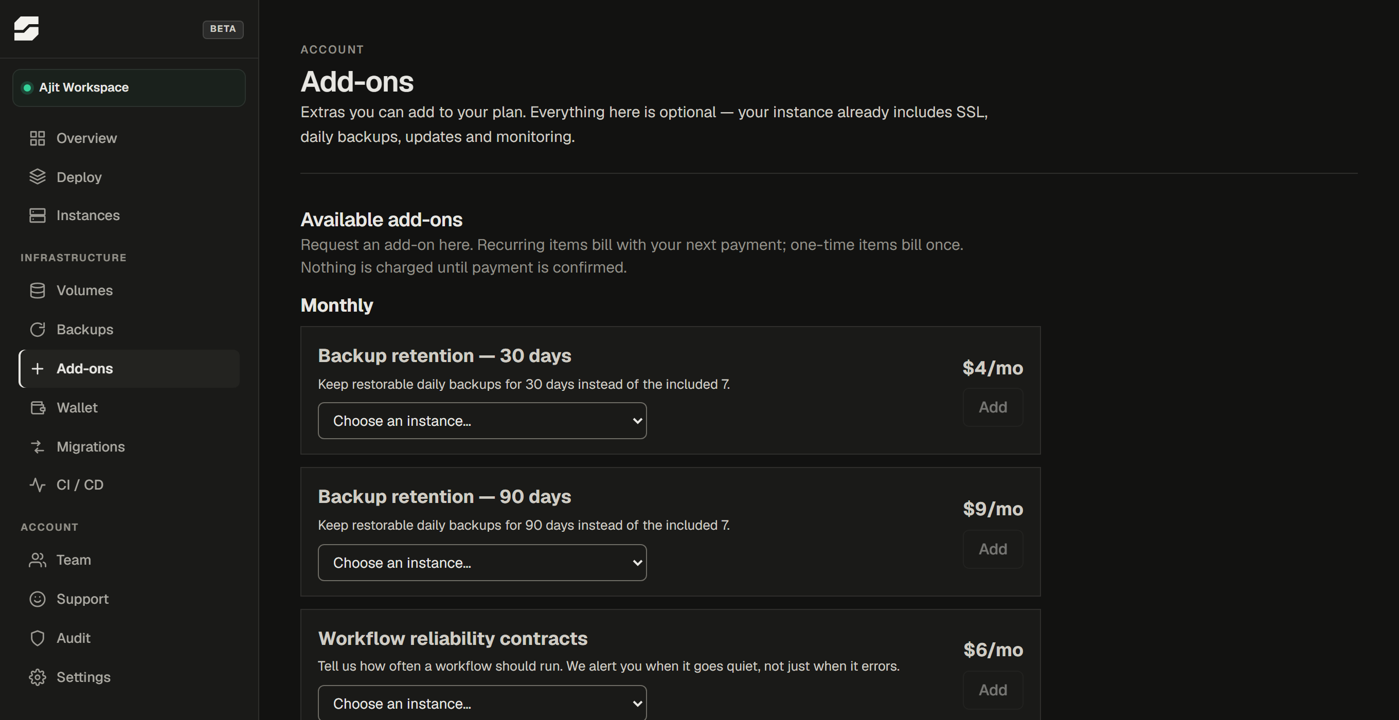 The SpliceRun add-ons page showing available add-ons with descriptions and request buttons