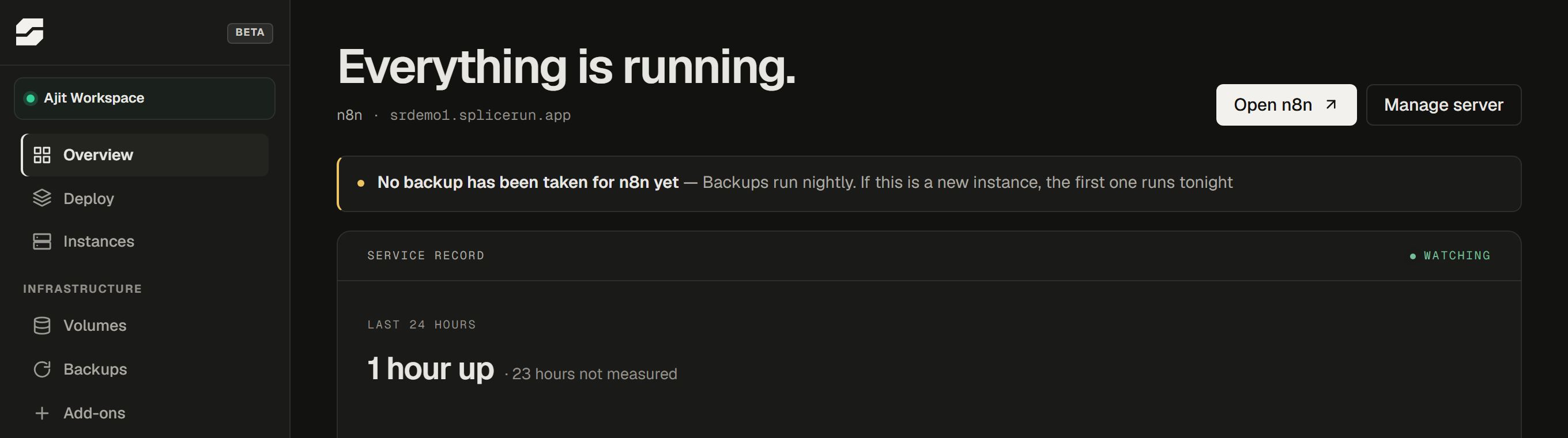 An empty SpliceRun dashboard showing a single "Start with an app" prompt