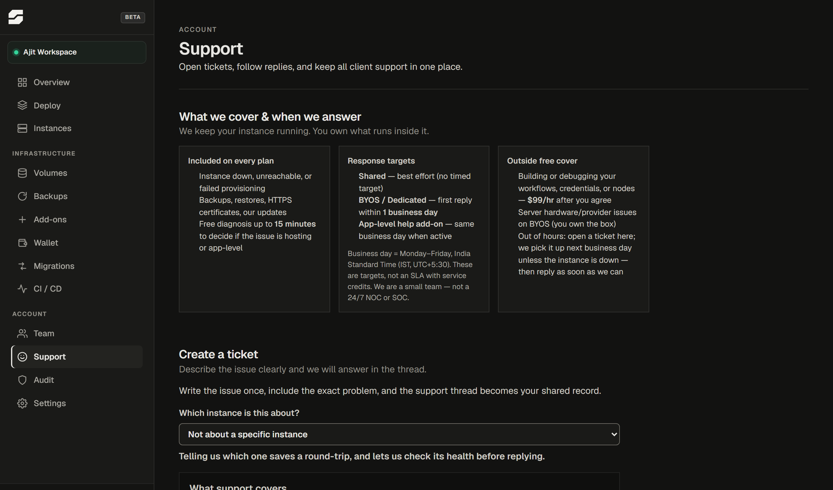 The SpliceRun support page showing the ticket list and the new ticket form with subject, instance selector, and description fields