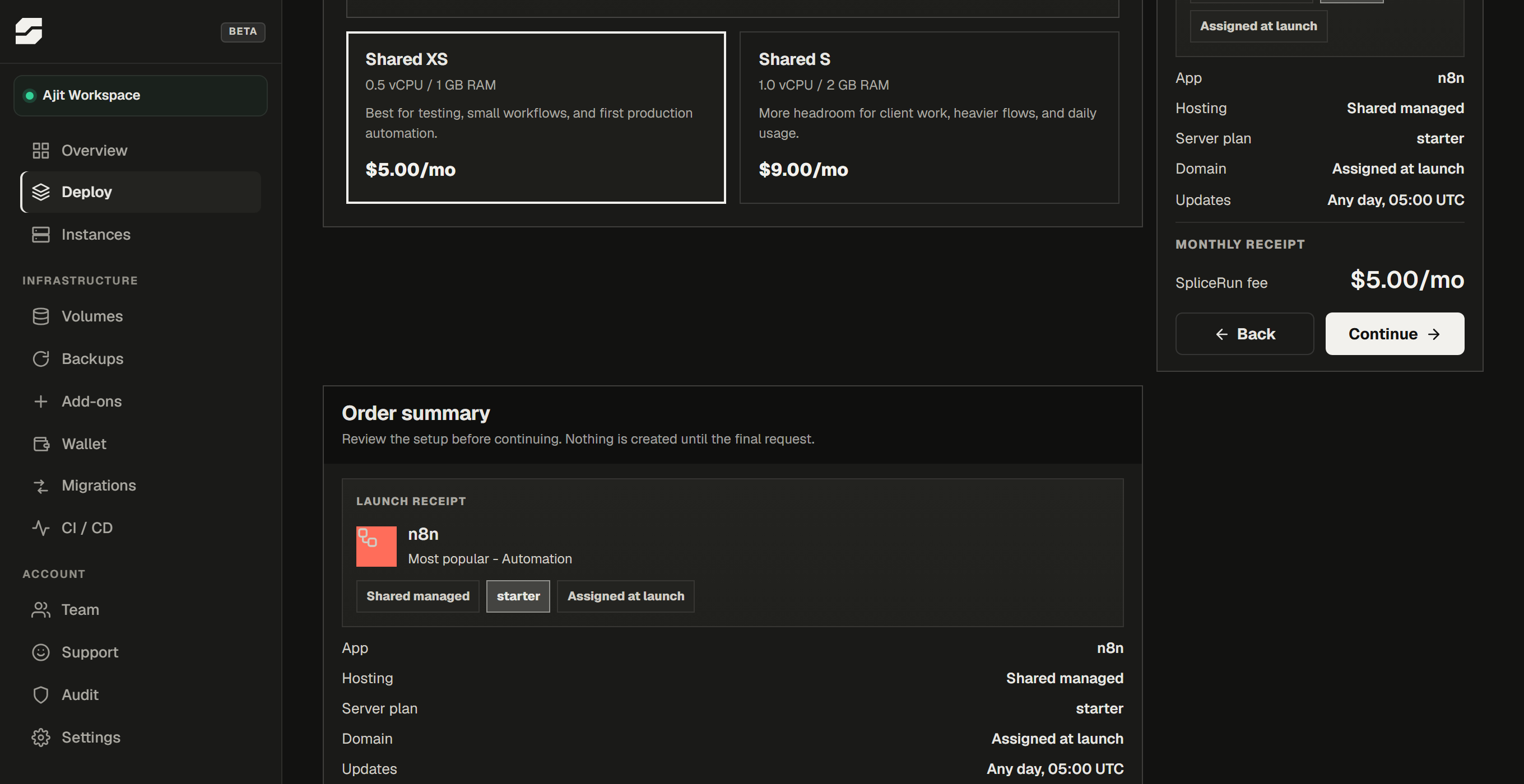 The deploy wizard with Shared managed chosen and the Shared XS size selected, with the order summary filled in on the right