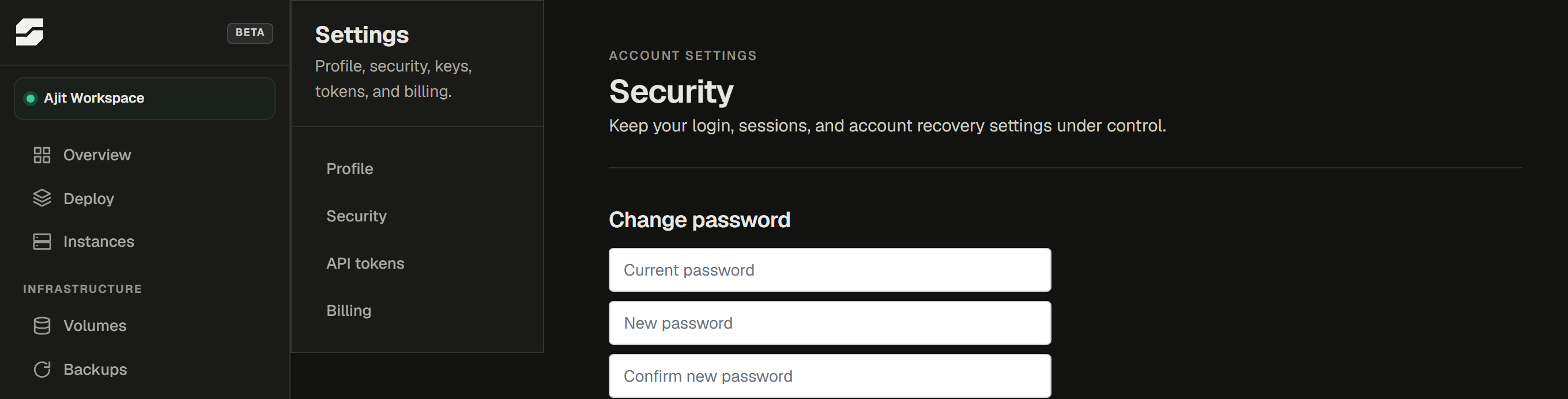The SpliceRun security settings page showing the two-factor authentication toggle, active sessions list, and password change form