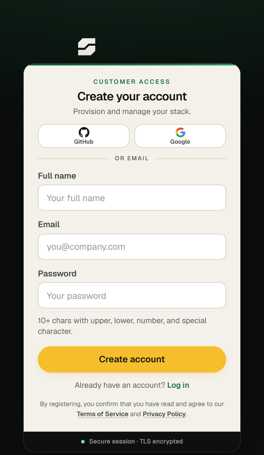 The SpliceRun signup form, with GitHub and Google buttons above name, email and password fields